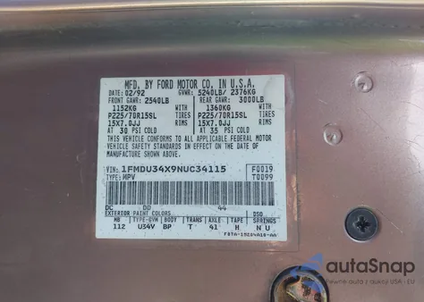 1992 Ford Explorer из США, поврежденный, VIN 1FMDU34X9NUC34115